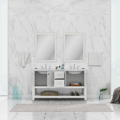 Alya Bath Wilmington 60" Double White Freestanding  Bathroom Vanity With Carrara Marble Top, Ceramic Sink and Wall Mounted Mirror - HE-102-60D-W-CWMT+ 2x HE-101/102-24-W-M - Backyard Provider