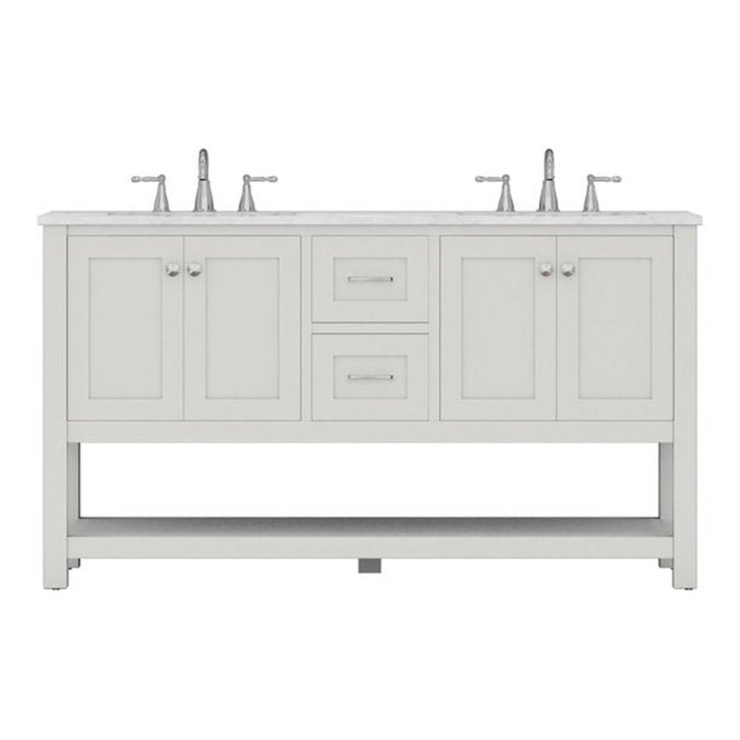 Alya Bath Wilmington 60" Double White Freestanding  Bathroom Vanity With Carrara Marble Top, Ceramic Sink and Wall Mounted Mirror - HE-102-60D-W-CWMT+ 2x HE-101/102-24-W-M - Backyard Provider