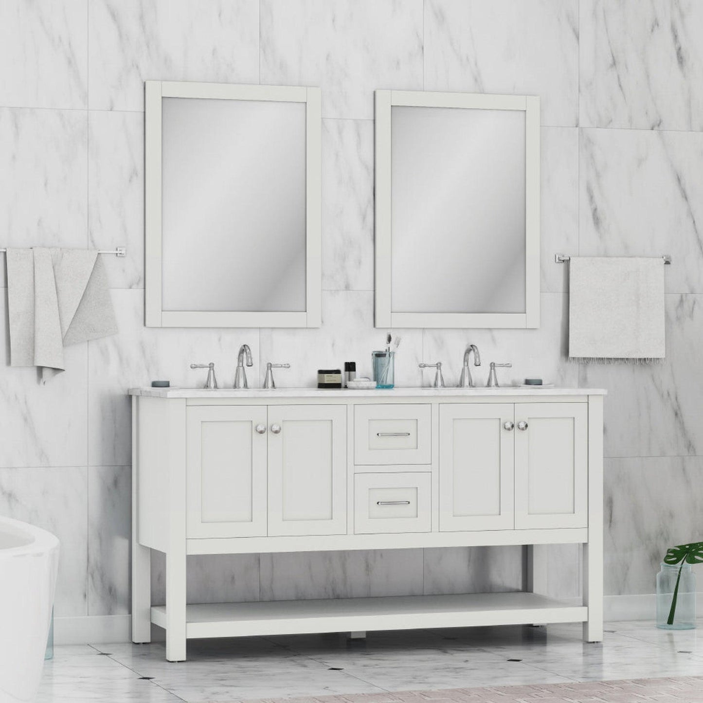 Alya Bath Wilmington 60" Double White Freestanding  Bathroom Vanity With Carrara Marble Top, Ceramic Sink and Wall Mounted Mirror - HE-102-60D-W-CWMT+ 2x HE-101/102-24-W-M - Backyard Provider