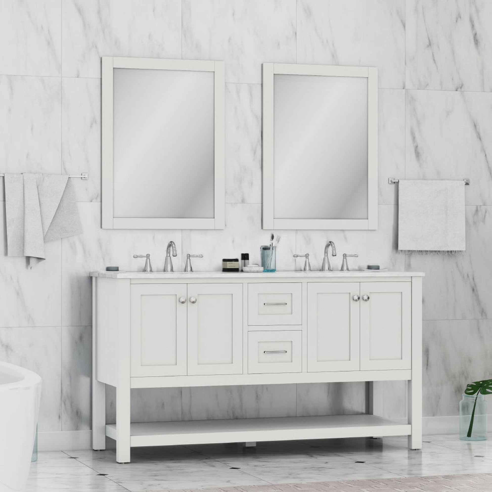 Alya Bath Wilmington 60" Double White Freestanding  Bathroom Vanity With Carrara Marble Top, Ceramic Sink and Wall Mounted Mirror - HE-102-60D-W-CWMT+ 2x HE-101/102-24-W-M - Backyard Provider