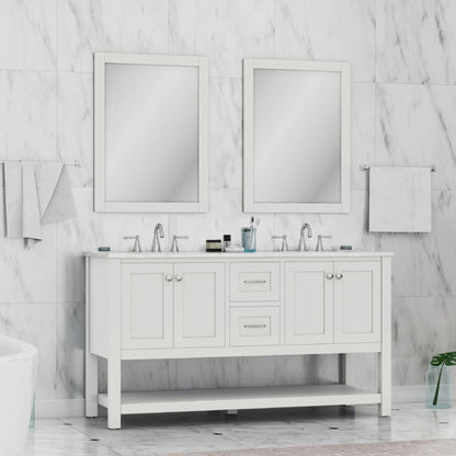 Alya Bath Wilmington 60" Double White Freestanding  Bathroom Vanity With Carrara Marble Top, Ceramic Sink and Wall Mounted Mirror - HE-102-60D-W-CWMT+ 2x HE-101/102-24-W-M - Backyard Provider