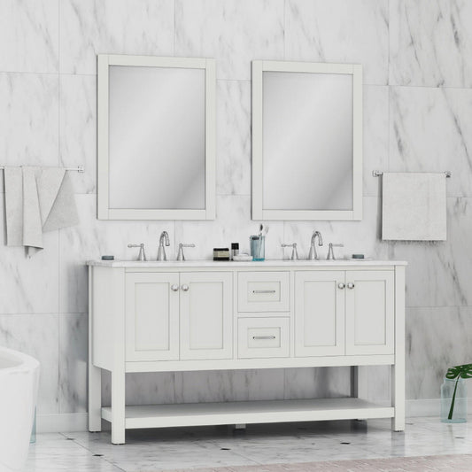 Alya Bath Wilmington 60" Double White Freestanding  Bathroom Vanity With Carrara Marble Top, Ceramic Sink and Wall Mounted Mirror - HE-102-60D-W-CWMT+ 2x HE-101/102-24-W-M - Backyard Provider