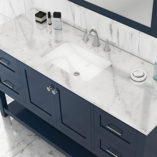 Alya Bath Wilmington 60" Single Blue Freestanding  Bathroom Vanity With Carrara Marble Top, Ceramic Sink and Wall Mounted Mirror - HE-102-60S-B-CWMT+AT-48-M-B - Backyard Provider