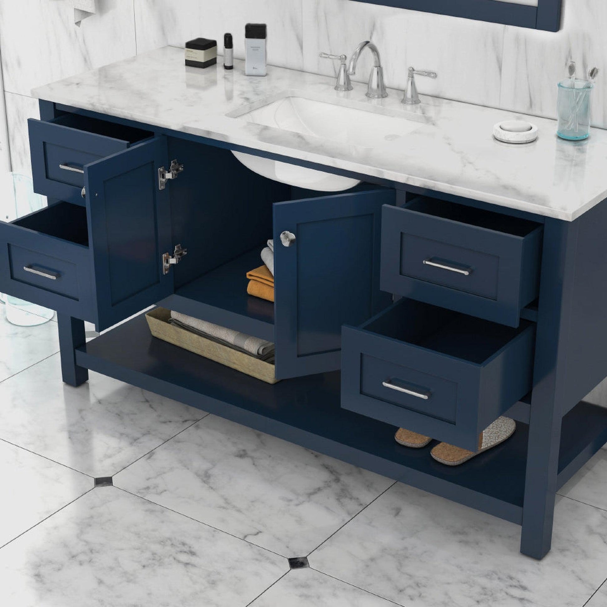 Alya Bath Wilmington 60" Single Blue Freestanding  Bathroom Vanity With Carrara Marble Top, Ceramic Sink and Wall Mounted Mirror - HE-102-60S-B-CWMT+AT-48-M-B - Backyard Provider