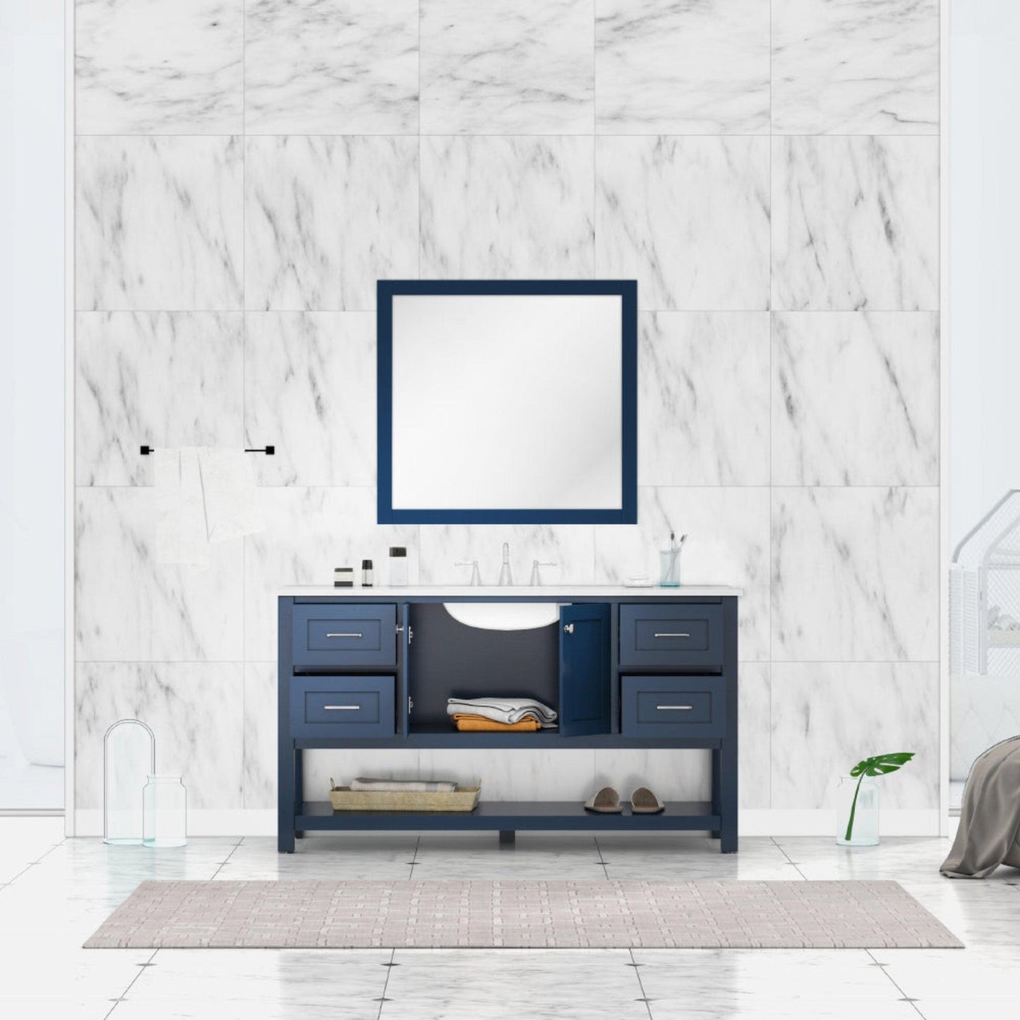 Alya Bath Wilmington 60" Single Blue Freestanding  Bathroom Vanity With Carrara Marble Top, Ceramic Sink and Wall Mounted Mirror - HE-102-60S-B-CWMT+AT-48-M-B - Backyard Provider