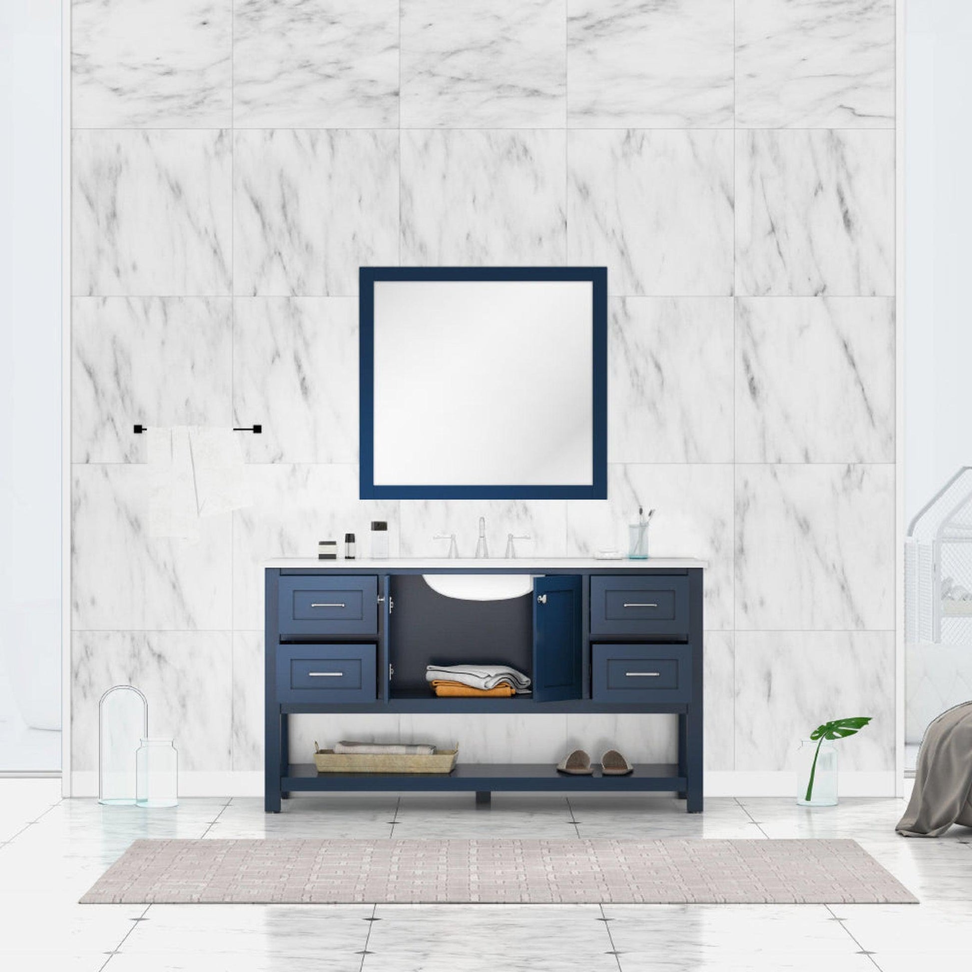 Alya Bath Wilmington 60" Single Blue Freestanding  Bathroom Vanity With Carrara Marble Top, Ceramic Sink and Wall Mounted Mirror - HE-102-60S-B-CWMT+AT-48-M-B - Backyard Provider