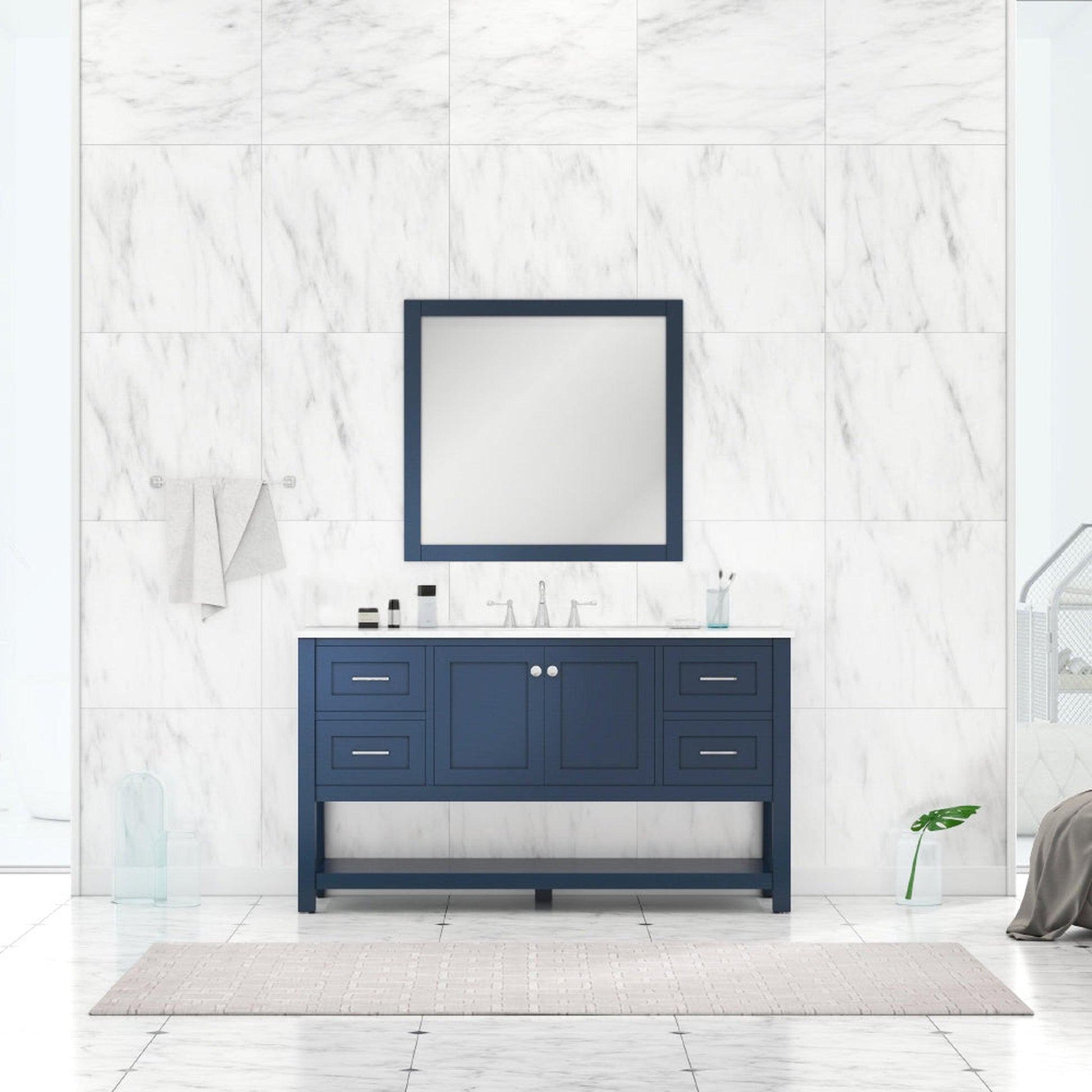 Alya Bath Wilmington 60" Single Blue Freestanding  Bathroom Vanity With Carrara Marble Top, Ceramic Sink and Wall Mounted Mirror - HE-102-60S-B-CWMT+AT-48-M-B - Backyard Provider