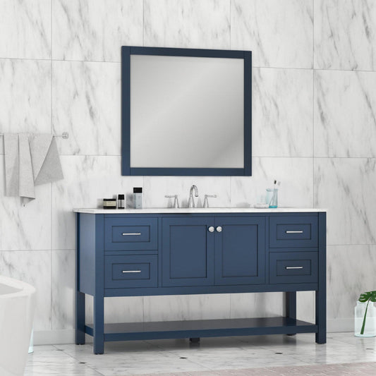 Alya Bath Wilmington 60" Single Blue Freestanding  Bathroom Vanity With Carrara Marble Top, Ceramic Sink and Wall Mounted Mirror - HE-102-60S-B-CWMT+AT-48-M-B - Backyard Provider