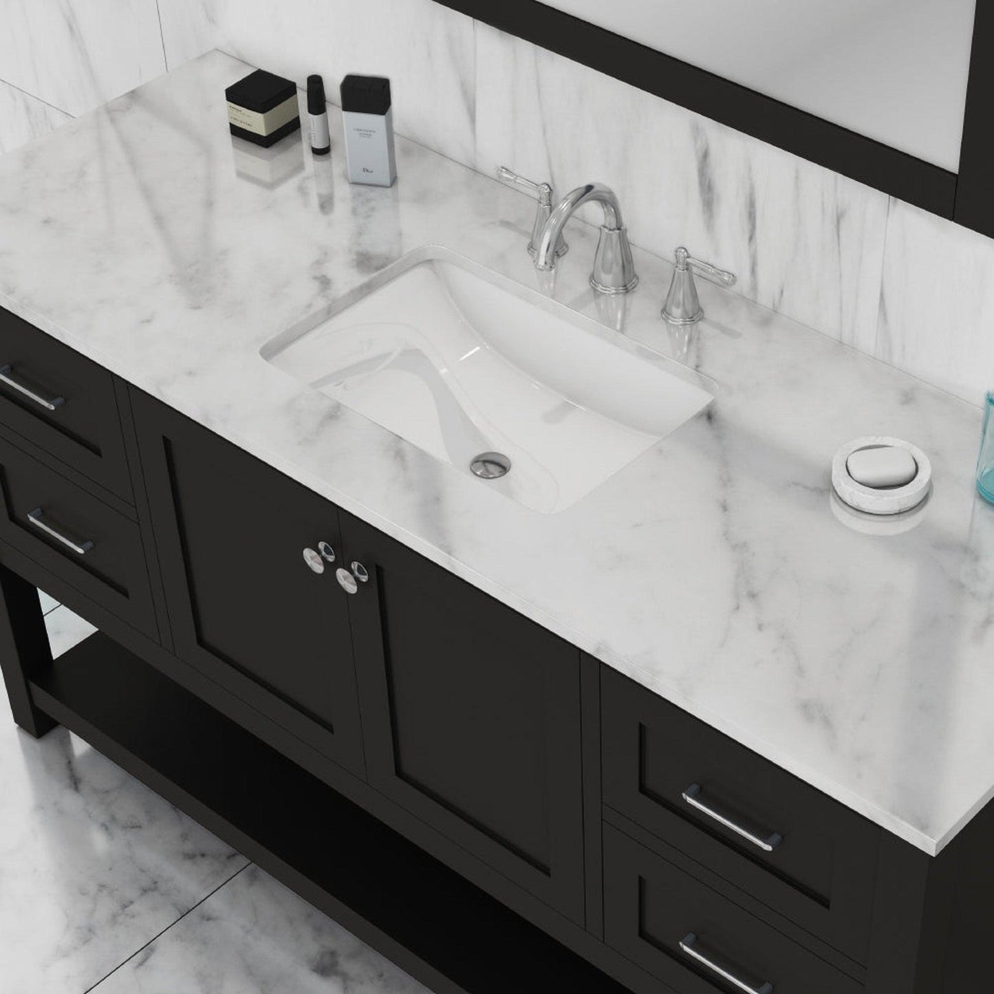 Alya Bath Wilmington 60" Single Espresso Freestanding  Bathroom Vanity With Carrara Marble Top, Ceramic Sink and Wall Mounted Mirror - HE-102-60S-E-CWMT+AT-48-M-B - Backyard Provider
