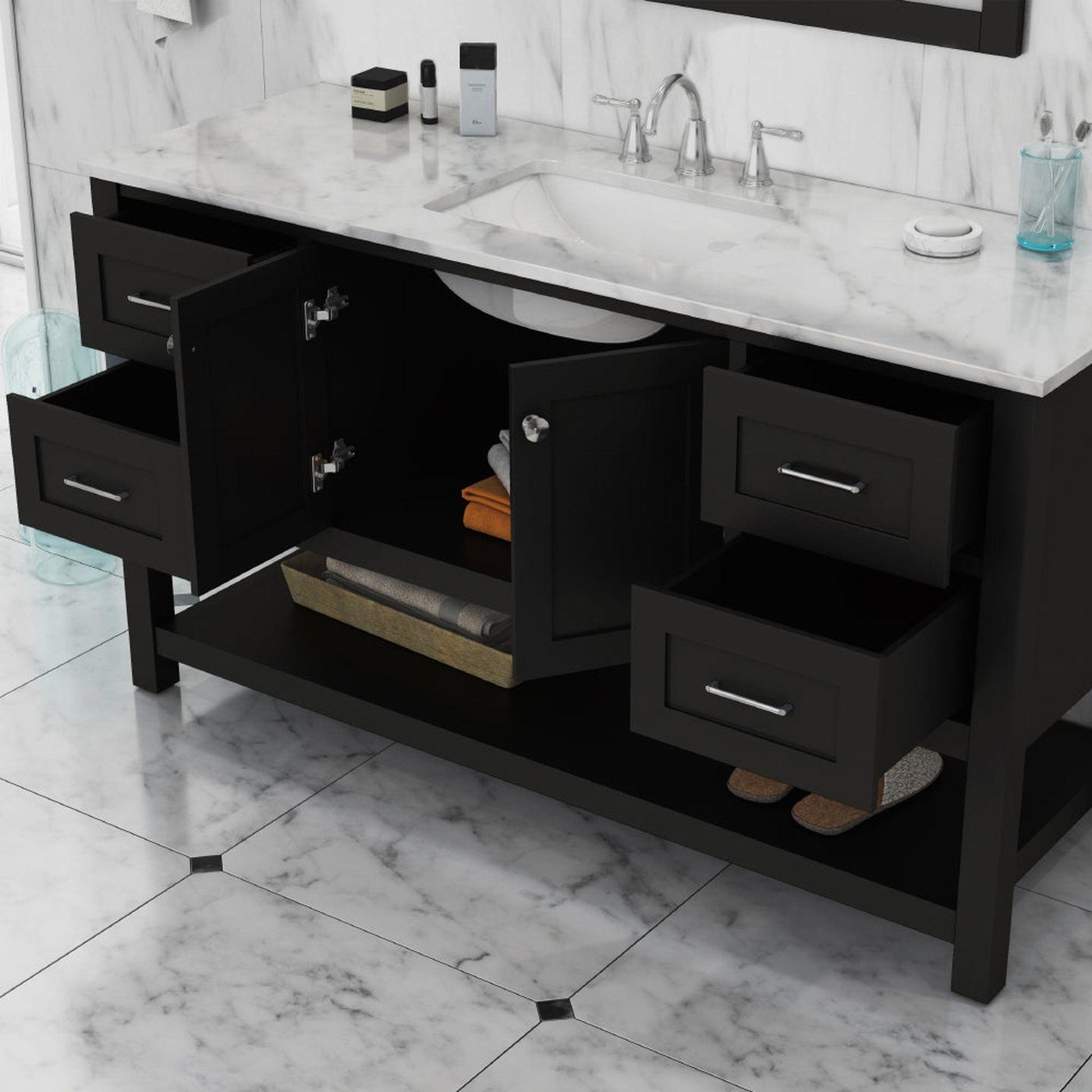 Alya Bath Wilmington 60" Single Espresso Freestanding  Bathroom Vanity With Carrara Marble Top, Ceramic Sink and Wall Mounted Mirror - HE-102-60S-E-CWMT+AT-48-M-B - Backyard Provider