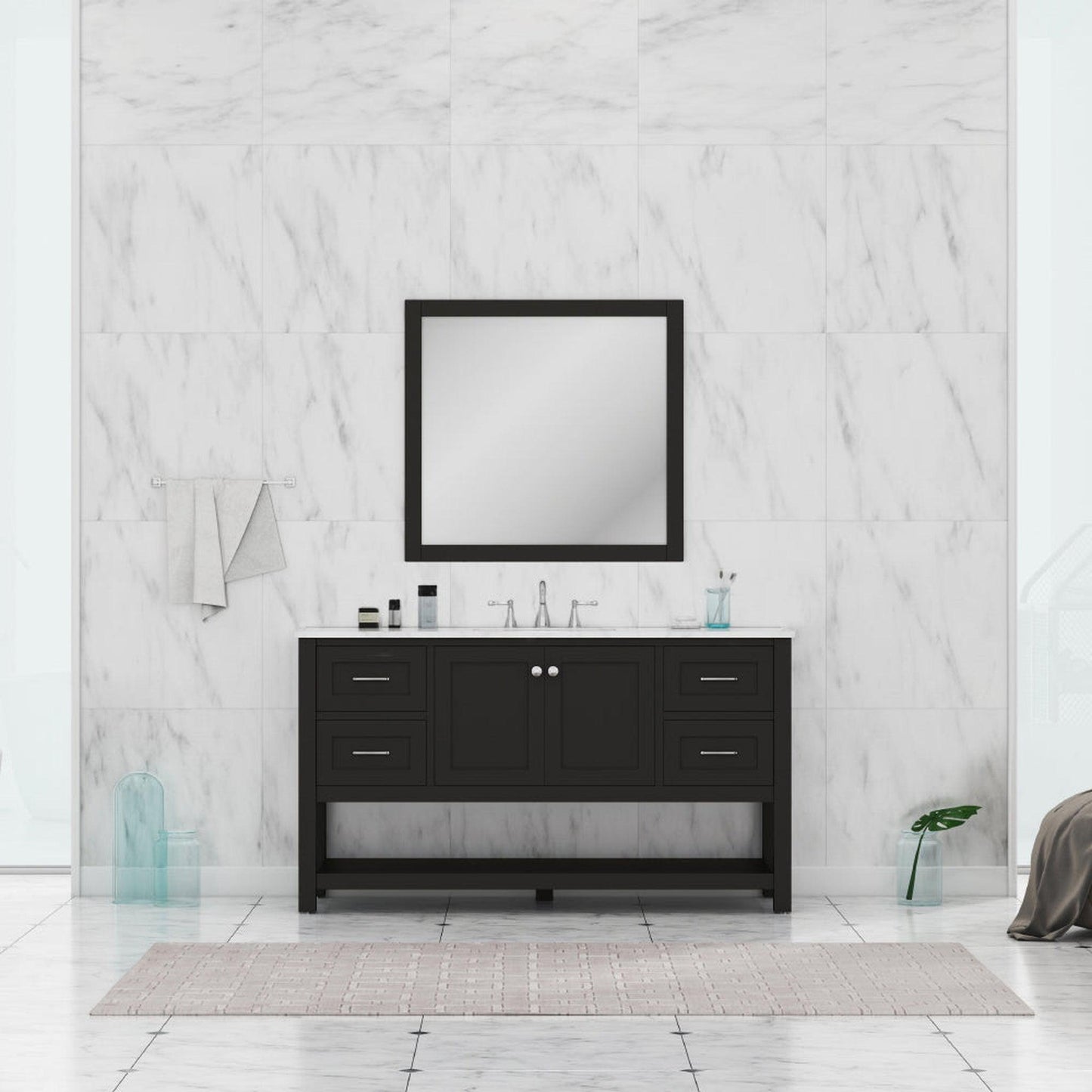 Alya Bath Wilmington 60" Single Espresso Freestanding  Bathroom Vanity With Carrara Marble Top, Ceramic Sink and Wall Mounted Mirror - HE-102-60S-E-CWMT+AT-48-M-B - Backyard Provider