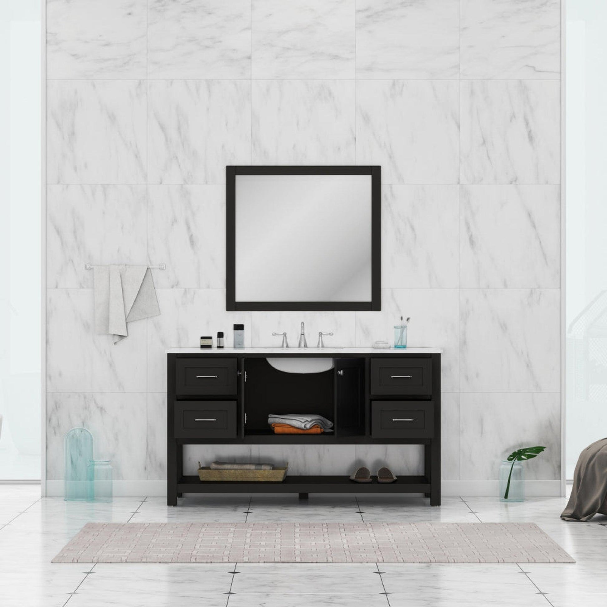 Alya Bath Wilmington 60" Single Espresso Freestanding  Bathroom Vanity With Carrara Marble Top, Ceramic Sink and Wall Mounted Mirror - HE-102-60S-E-CWMT+AT-48-M-B - Backyard Provider