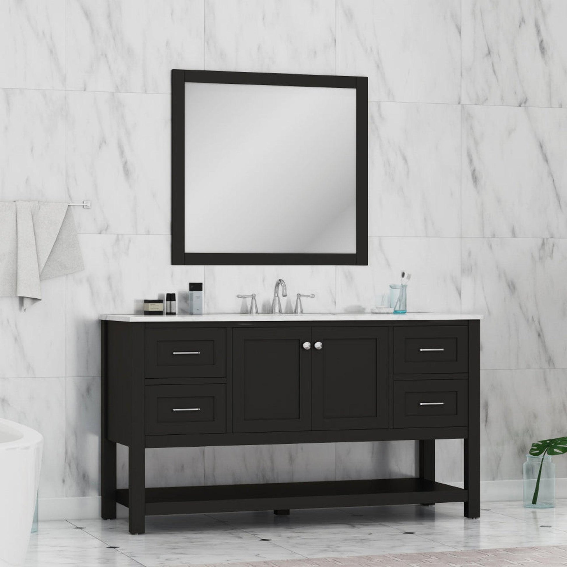 Alya Bath Wilmington 60" Single Espresso Freestanding  Bathroom Vanity With Carrara Marble Top, Ceramic Sink and Wall Mounted Mirror - HE-102-60S-E-CWMT+AT-48-M-B - Backyard Provider