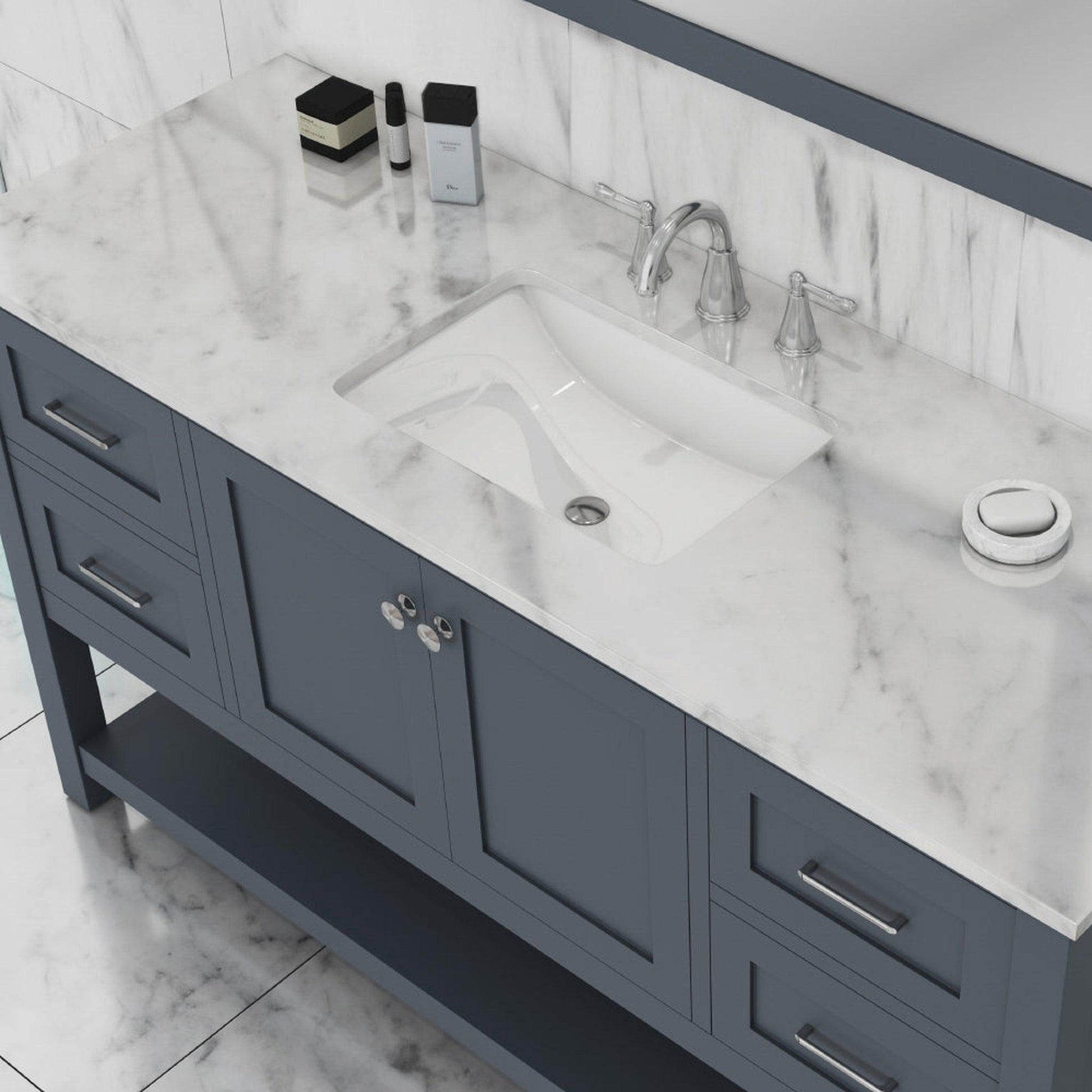 Alya Bath Wilmington 60" Single Gray Freestanding  Bathroom Vanity With Carrara Marble Top, Ceramic Sink and Wall Mounted Mirror - HE-102-60S-G-CWMT+AT-48-M-G - Backyard Provider
