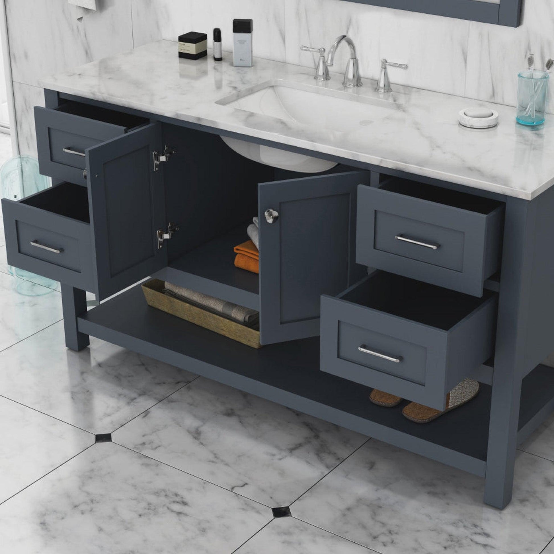 Alya Bath Wilmington 60" Single Gray Freestanding  Bathroom Vanity With Carrara Marble Top, Ceramic Sink and Wall Mounted Mirror - HE-102-60S-G-CWMT+AT-48-M-G - Backyard Provider