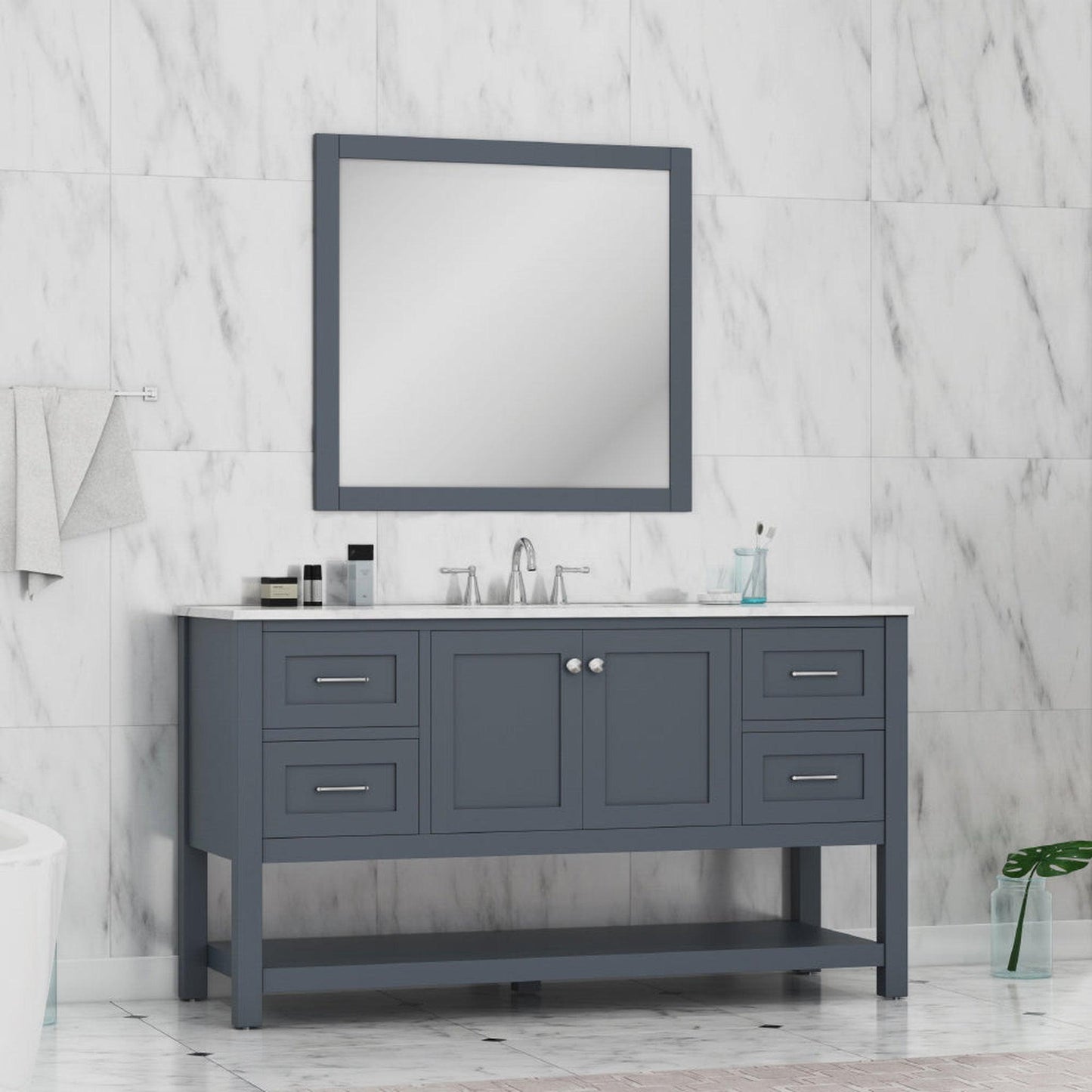 Alya Bath Wilmington 60" Single Gray Freestanding  Bathroom Vanity With Carrara Marble Top, Ceramic Sink and Wall Mounted Mirror - HE-102-60S-G-CWMT+AT-48-M-G - Backyard Provider