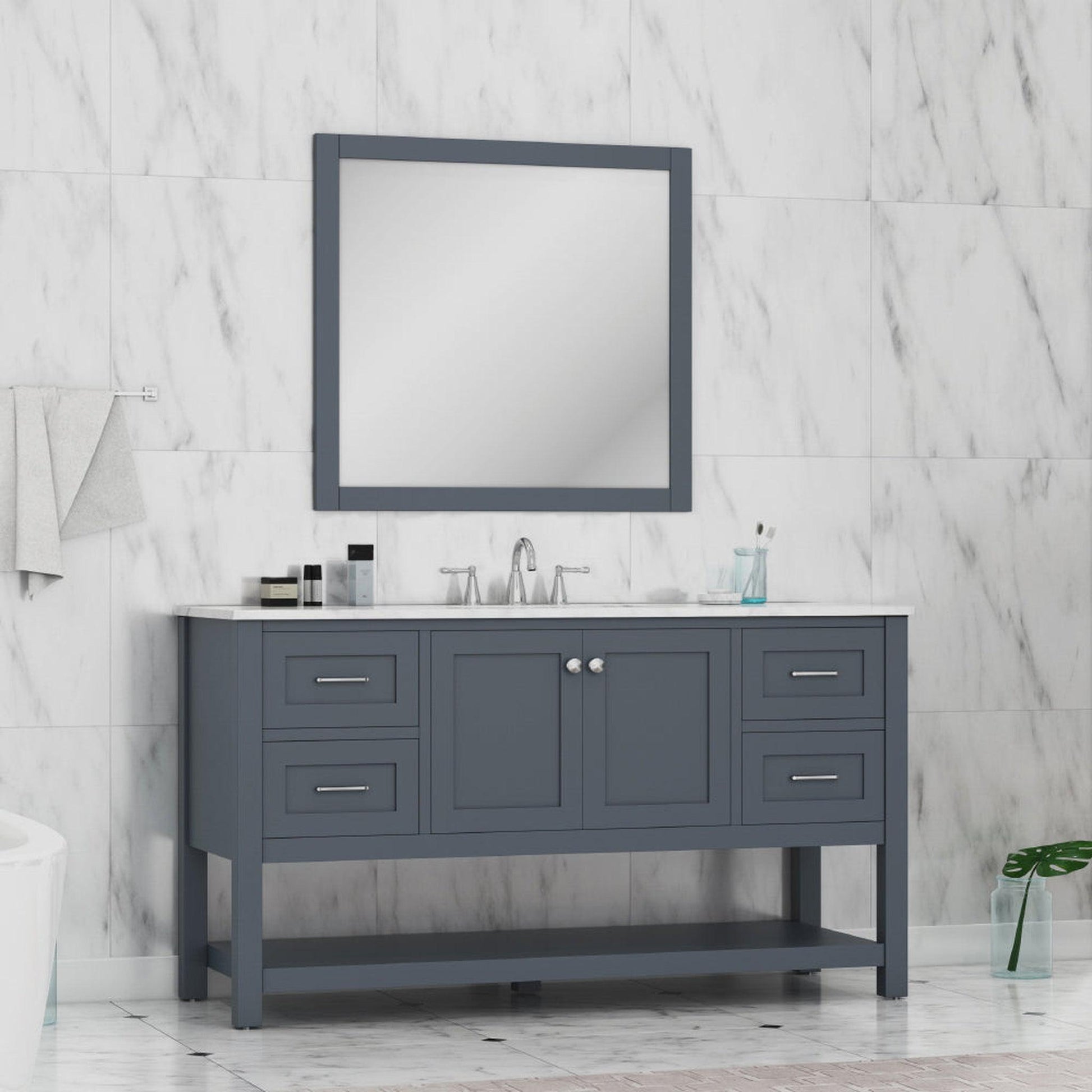 Alya Bath Wilmington 60" Single Gray Freestanding  Bathroom Vanity With Carrara Marble Top, Ceramic Sink and Wall Mounted Mirror - HE-102-60S-G-CWMT+AT-48-M-G - Backyard Provider