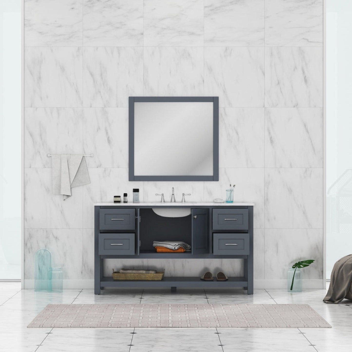 Alya Bath Wilmington 60" Single Gray Freestanding  Bathroom Vanity With Carrara Marble Top, Ceramic Sink and Wall Mounted Mirror - HE-102-60S-G-CWMT+AT-48-M-G - Backyard Provider
