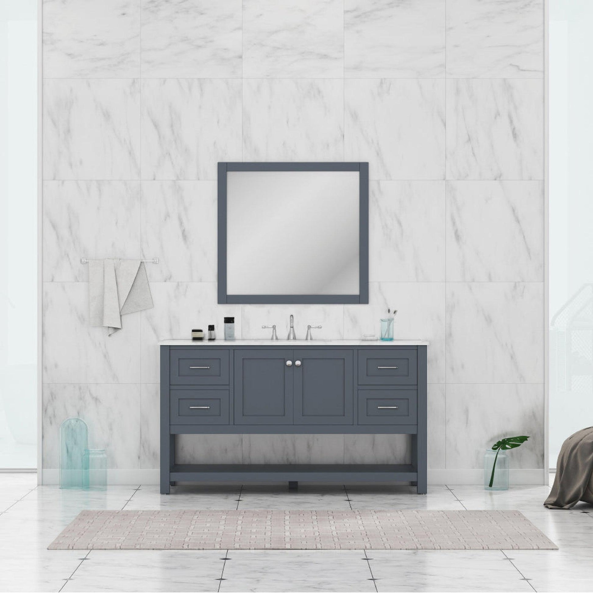 Alya Bath Wilmington 60" Single Gray Freestanding  Bathroom Vanity With Carrara Marble Top, Ceramic Sink and Wall Mounted Mirror - HE-102-60S-G-CWMT+AT-48-M-G - Backyard Provider