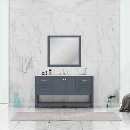 Alya Bath Wilmington 60" Single Gray Freestanding  Bathroom Vanity With Carrara Marble Top, Ceramic Sink and Wall Mounted Mirror - HE-102-60S-G-CWMT+AT-48-M-G - Backyard Provider