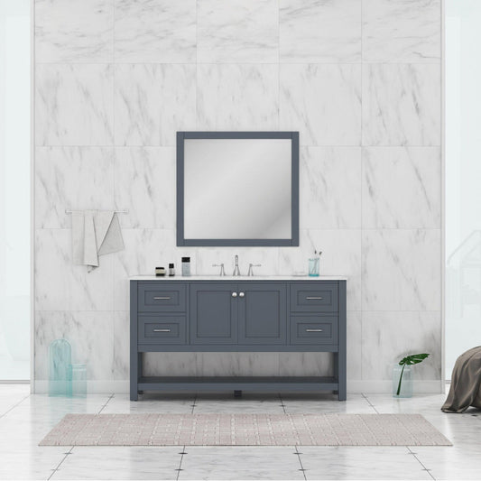 Alya Bath Wilmington 60" Single Gray Freestanding  Bathroom Vanity With Carrara Marble Top, Ceramic Sink and Wall Mounted Mirror - HE-102-60S-G-CWMT+AT-48-M-G - Backyard Provider