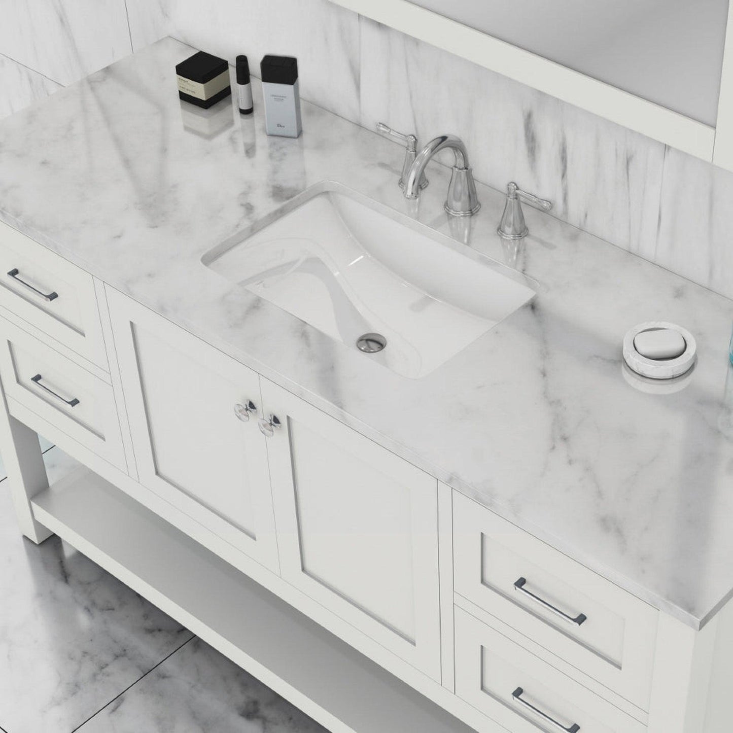 Alya Bath Wilmington 60" Single White Freestanding  Bathroom Vanity With Carrara Marble Top, Ceramic Sink and Wall Mounted Mirror - HE-102-60S-W-CWMT+AT-48-M-W - Backyard Provider