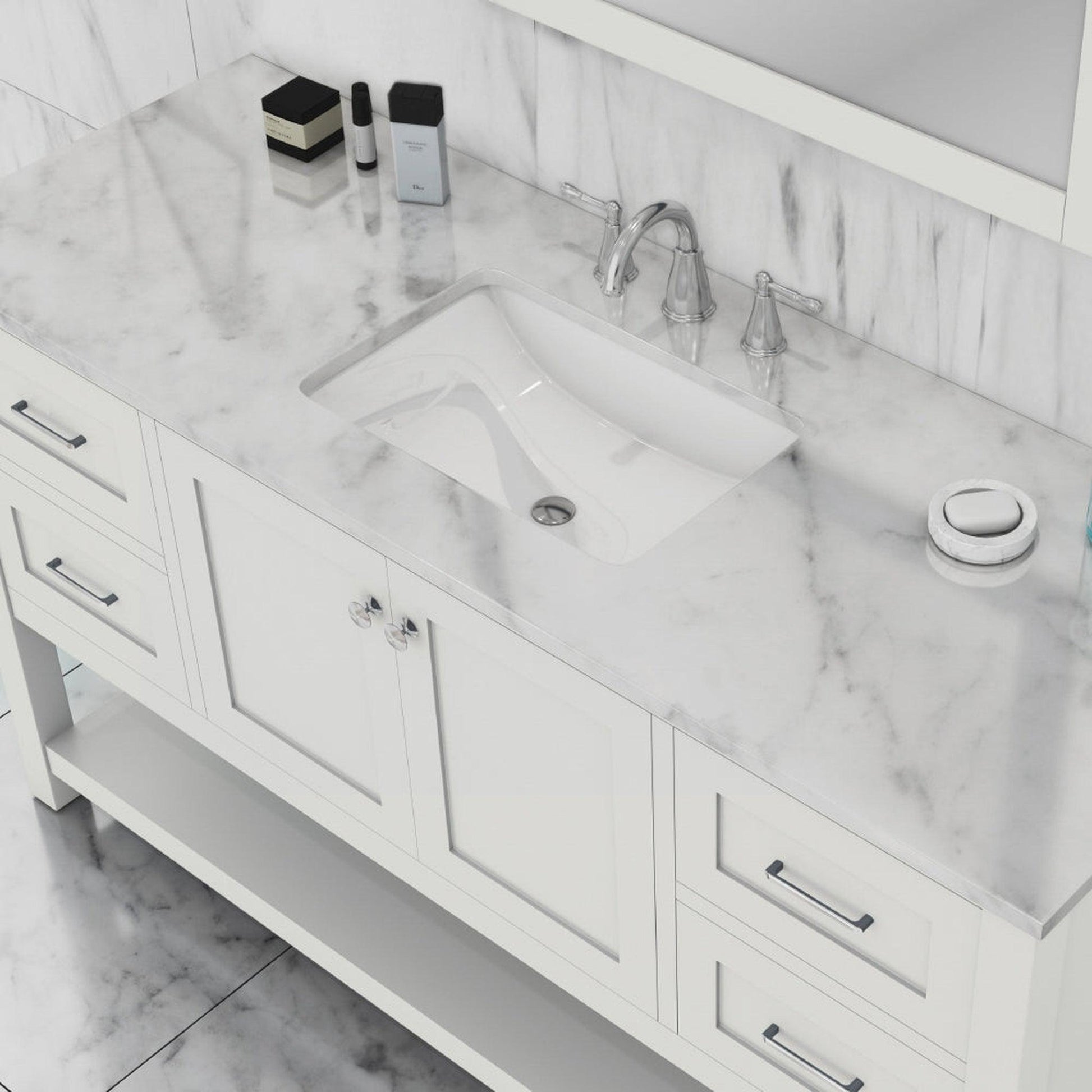 Alya Bath Wilmington 60" Single White Freestanding  Bathroom Vanity With Carrara Marble Top, Ceramic Sink and Wall Mounted Mirror - HE-102-60S-W-CWMT+AT-48-M-W - Backyard Provider