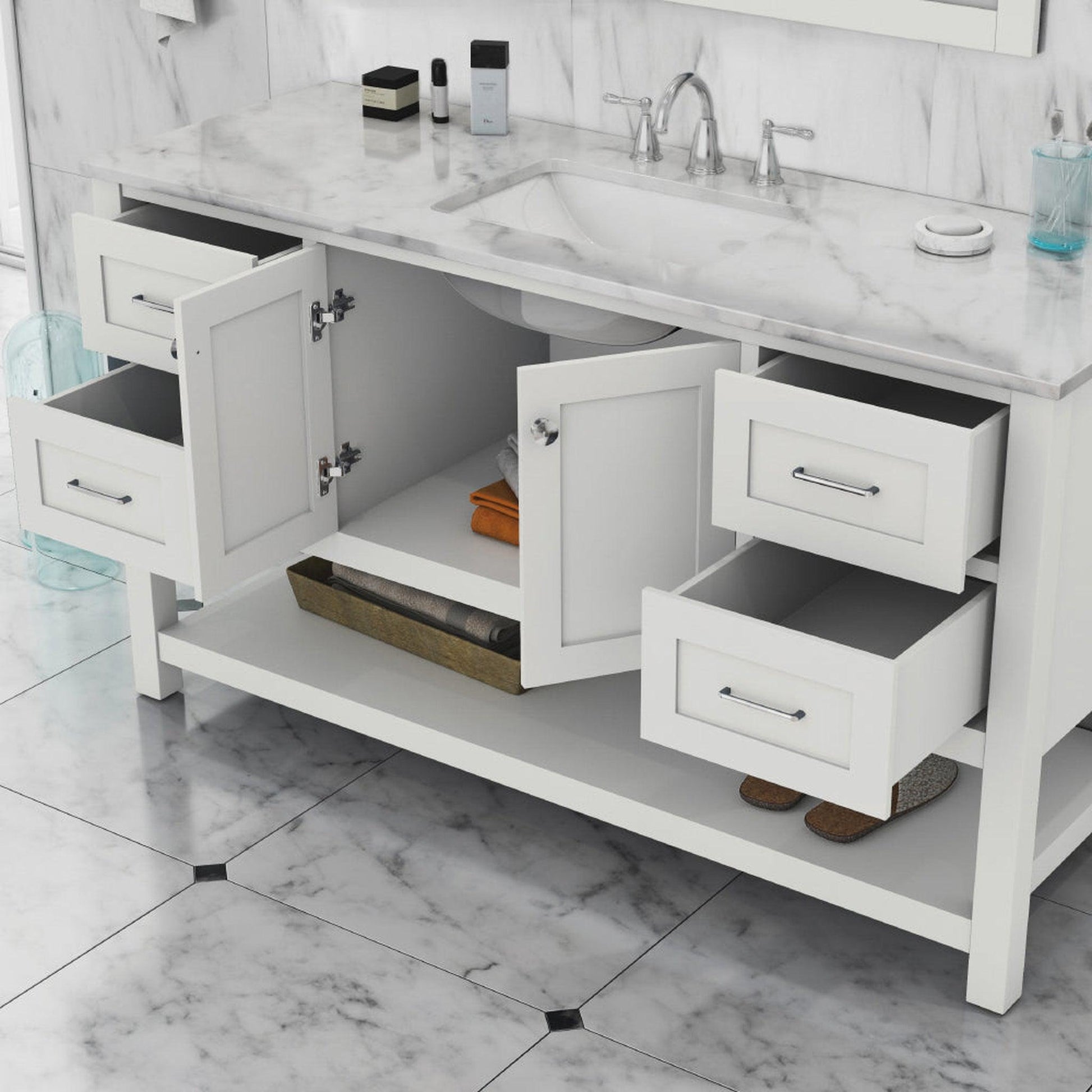 Alya Bath Wilmington 60" Single White Freestanding  Bathroom Vanity With Carrara Marble Top, Ceramic Sink and Wall Mounted Mirror - HE-102-60S-W-CWMT+AT-48-M-W - Backyard Provider