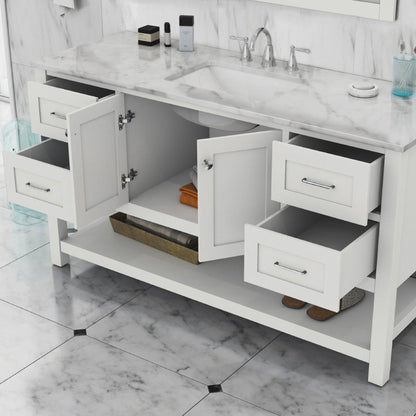 Alya Bath Wilmington 60" Single White Freestanding  Bathroom Vanity With Carrara Marble Top, Ceramic Sink and Wall Mounted Mirror - HE-102-60S-W-CWMT+AT-48-M-W - Backyard Provider