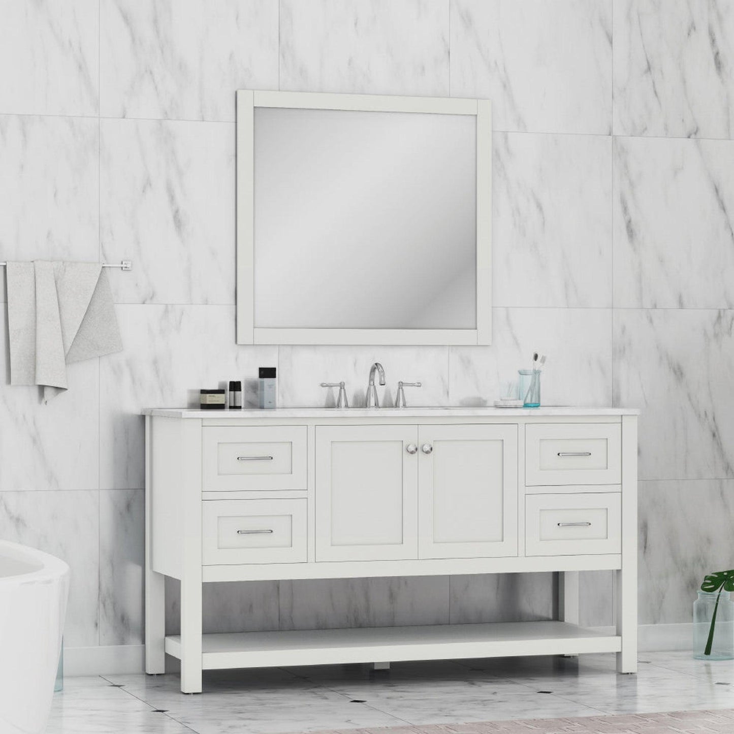Alya Bath Wilmington 60" Single White Freestanding  Bathroom Vanity With Carrara Marble Top, Ceramic Sink and Wall Mounted Mirror - HE-102-60S-W-CWMT+AT-48-M-W - Backyard Provider