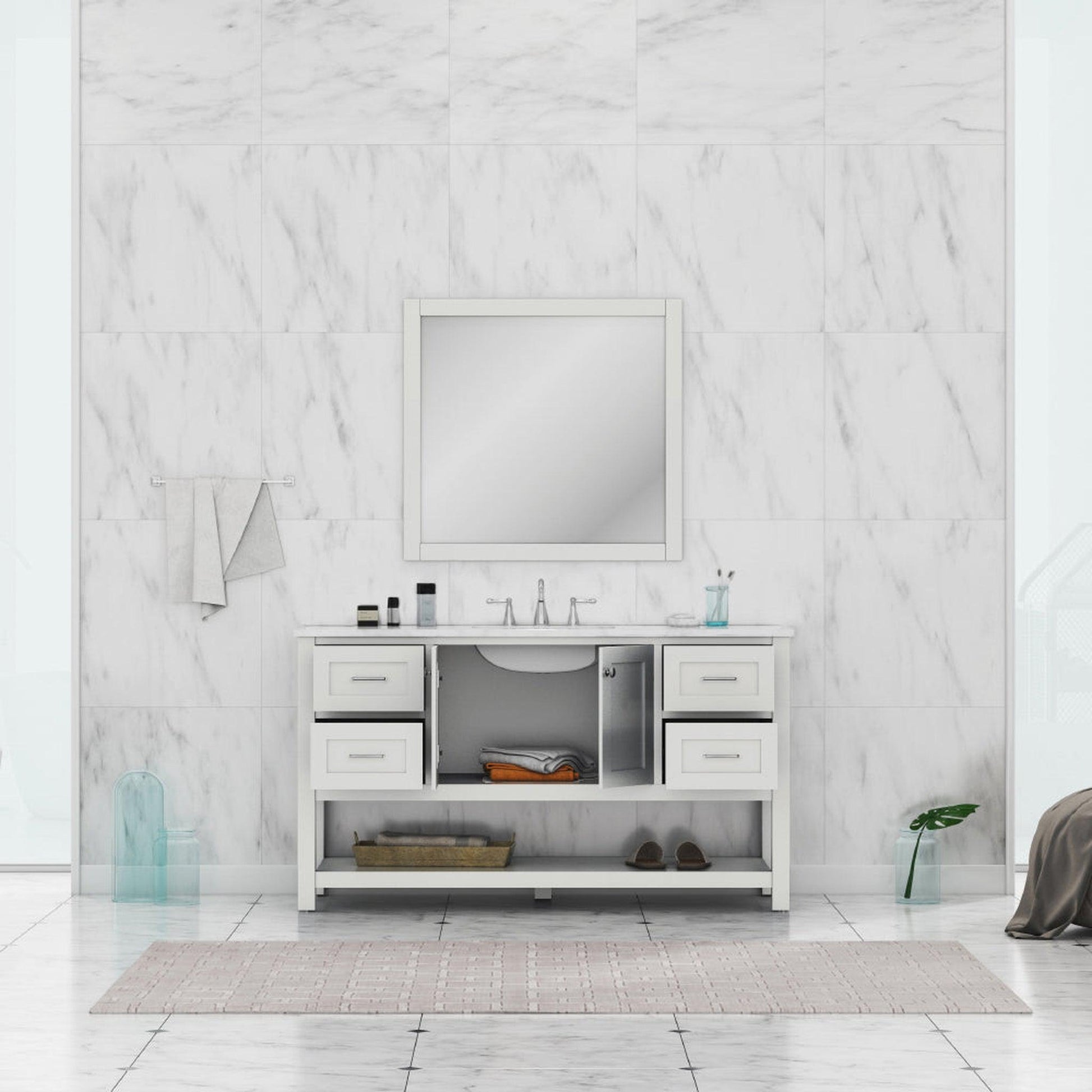 Alya Bath Wilmington 60" Single White Freestanding  Bathroom Vanity With Carrara Marble Top, Ceramic Sink and Wall Mounted Mirror - HE-102-60S-W-CWMT+AT-48-M-W - Backyard Provider
