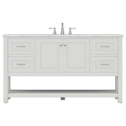 Alya Bath Wilmington 60" Single White Freestanding  Bathroom Vanity With Carrara Marble Top, Ceramic Sink and Wall Mounted Mirror - HE-102-60S-W-CWMT+AT-48-M-W - Backyard Provider
