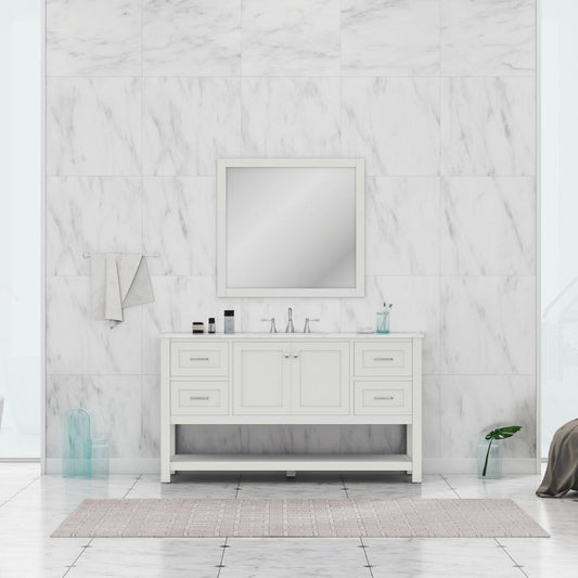Alya Bath Wilmington 60" Single White Freestanding  Bathroom Vanity With Carrara Marble Top, Ceramic Sink and Wall Mounted Mirror - HE-102-60S-W-CWMT+AT-48-M-W - Backyard Provider