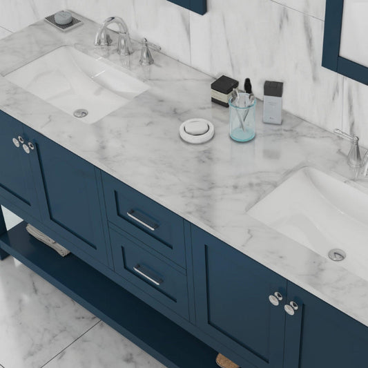 Alya Bath Wilmington 72" Double Blue Freestanding  Bathroom Vanity With Carrara Marble Top, Ceramic Sink and Wall Mounted Mirror - HE-102-72D-B-CWMT+2x HE-101/102-30-B-M - Backyard Provider