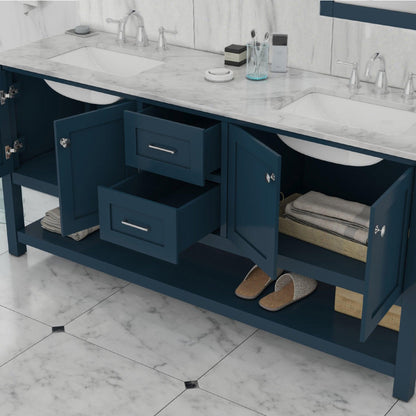 Alya Bath Wilmington 72" Double Blue Freestanding  Bathroom Vanity With Carrara Marble Top, Ceramic Sink and Wall Mounted Mirror - HE-102-72D-B-CWMT+2x HE-101/102-30-B-M - Backyard Provider