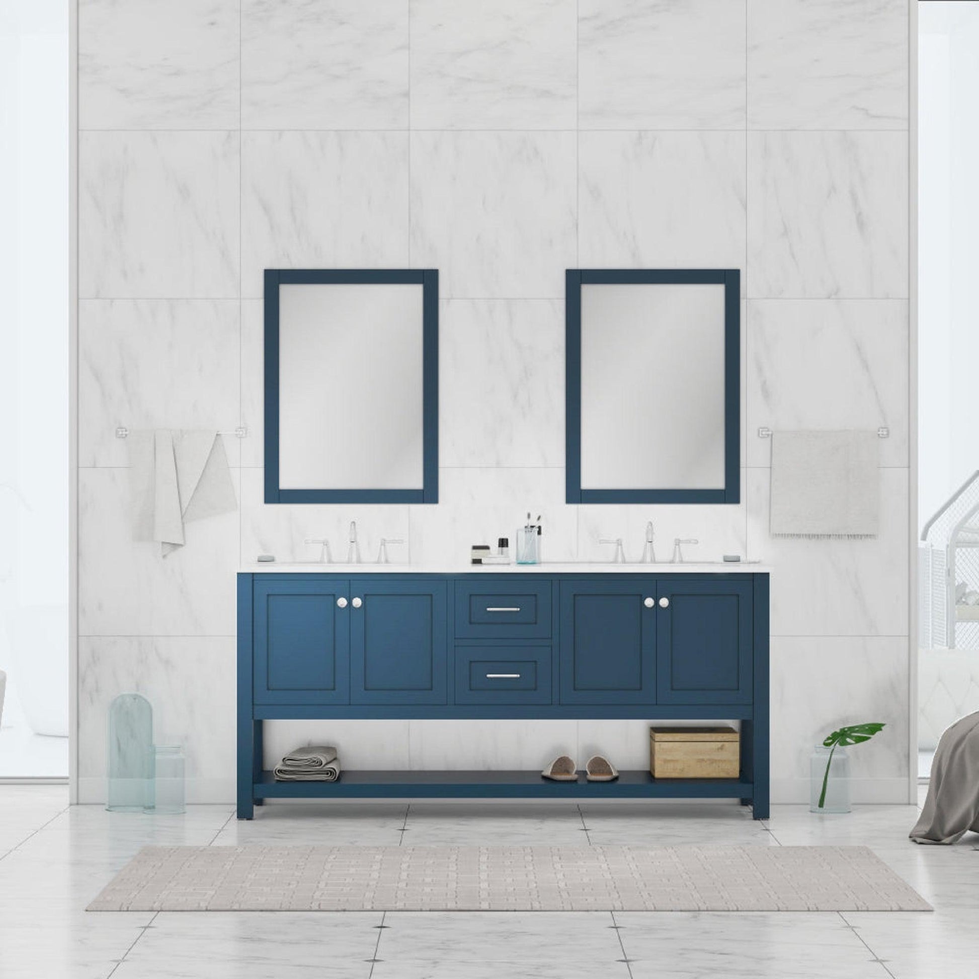 Alya Bath Wilmington 72" Double Blue Freestanding  Bathroom Vanity With Carrara Marble Top, Ceramic Sink and Wall Mounted Mirror - HE-102-72D-B-CWMT+2x HE-101/102-30-B-M - Backyard Provider