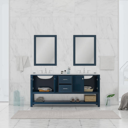 Alya Bath Wilmington 72" Double Blue Freestanding  Bathroom Vanity With Carrara Marble Top, Ceramic Sink and Wall Mounted Mirror - HE-102-72D-B-CWMT+2x HE-101/102-30-B-M - Backyard Provider