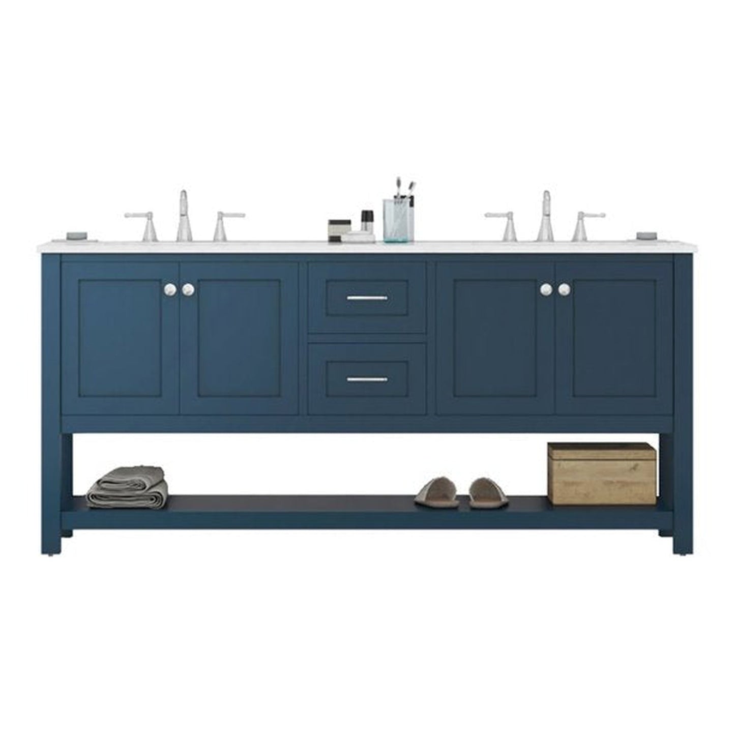 Alya Bath Wilmington 72" Double Blue Freestanding  Bathroom Vanity With Carrara Marble Top, Ceramic Sink and Wall Mounted Mirror - HE-102-72D-B-CWMT+2x HE-101/102-30-B-M - Backyard Provider