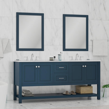 Alya Bath Wilmington 72" Double Blue Freestanding  Bathroom Vanity With Carrara Marble Top, Ceramic Sink and Wall Mounted Mirror - HE-102-72D-B-CWMT+2x HE-101/102-30-B-M - Backyard Provider
