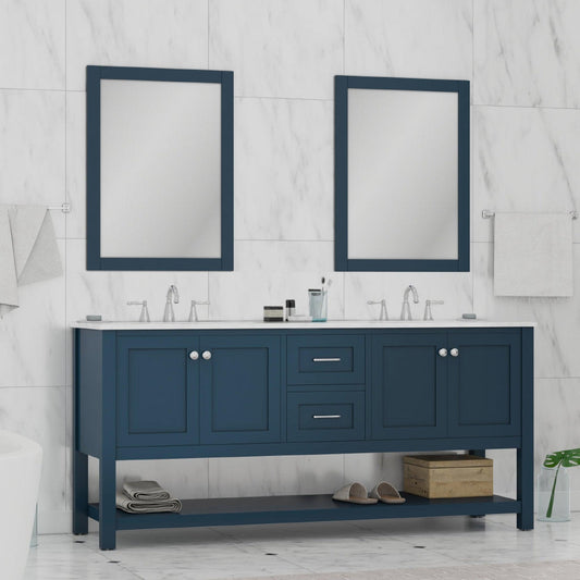 Alya Bath Wilmington 72" Double Blue Freestanding  Bathroom Vanity With Carrara Marble Top, Ceramic Sink and Wall Mounted Mirror - HE-102-72D-B-CWMT+2x HE-101/102-30-B-M - Backyard Provider