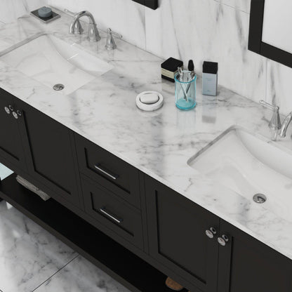 Alya Bath Wilmington 72" Double Espresso Freestanding  Bathroom Vanity With Carrara Marble Top, Ceramic Sink and Wall Mounted Mirror - HE-102-72D-E-CWMT+ 2x HE-101/102-30-E-M - Backyard Provider