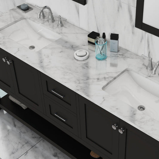 Alya Bath Wilmington 72" Double Espresso Freestanding  Bathroom Vanity With Carrara Marble Top, Ceramic Sink and Wall Mounted Mirror - HE-102-72D-E-CWMT+ 2x HE-101/102-30-E-M - Backyard Provider