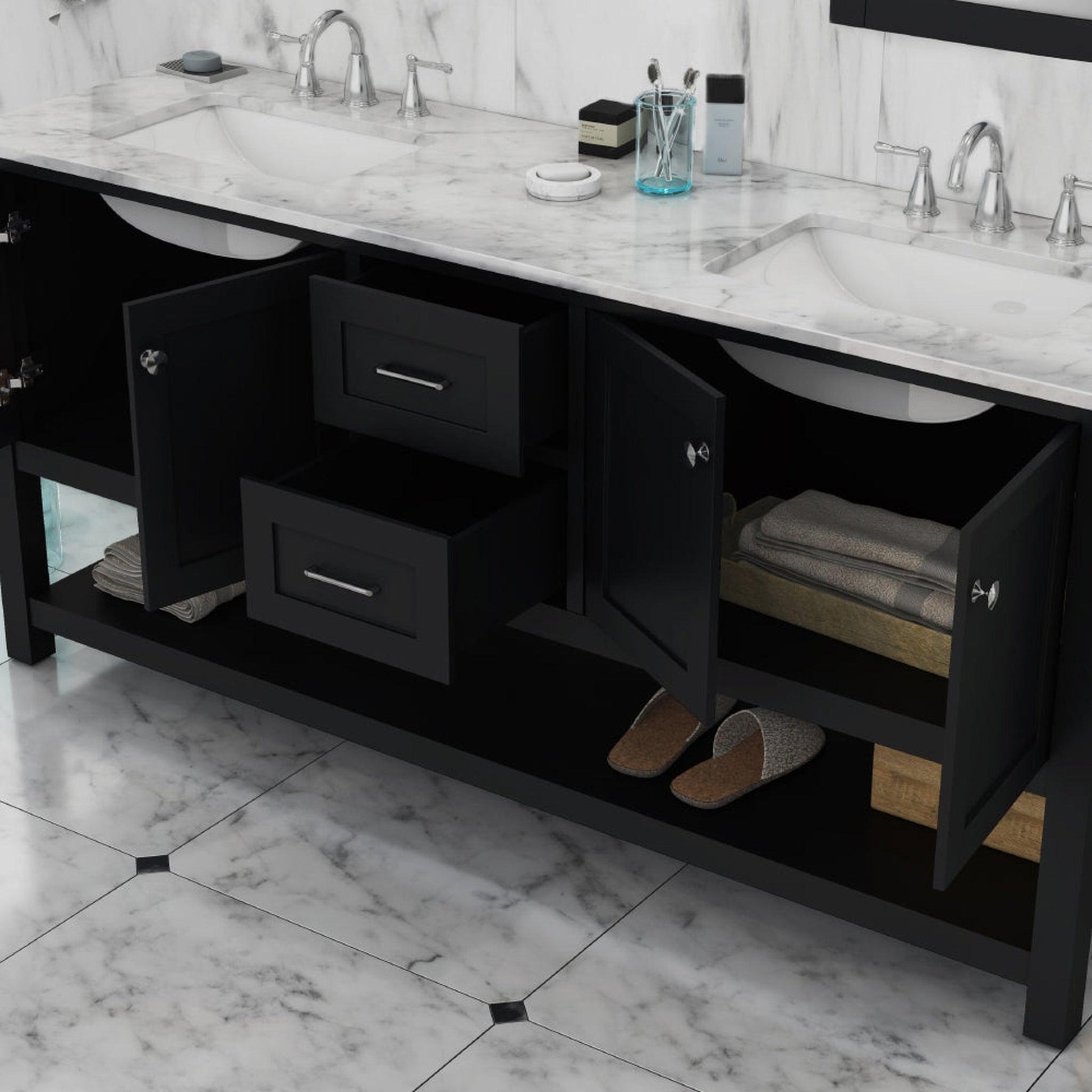 Alya Bath Wilmington 72" Double Espresso Freestanding  Bathroom Vanity With Carrara Marble Top, Ceramic Sink and Wall Mounted Mirror - HE-102-72D-E-CWMT+ 2x HE-101/102-30-E-M - Backyard Provider
