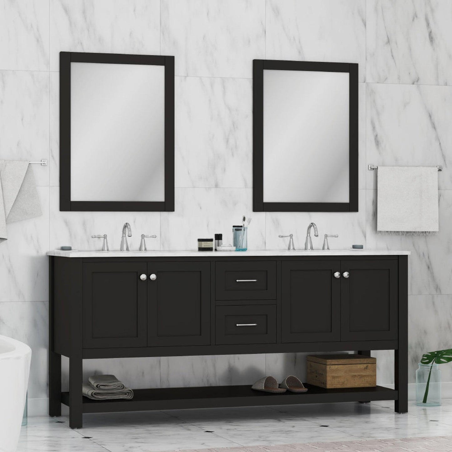 Alya Bath Wilmington 72" Double Espresso Freestanding  Bathroom Vanity With Carrara Marble Top, Ceramic Sink and Wall Mounted Mirror - HE-102-72D-E-CWMT+ 2x HE-101/102-30-E-M - Backyard Provider