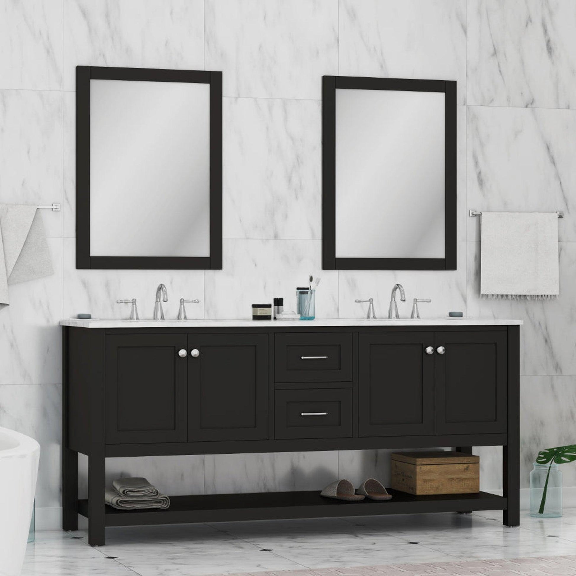 Alya Bath Wilmington 72" Double Espresso Freestanding  Bathroom Vanity With Carrara Marble Top, Ceramic Sink and Wall Mounted Mirror - HE-102-72D-E-CWMT+ 2x HE-101/102-30-E-M - Backyard Provider