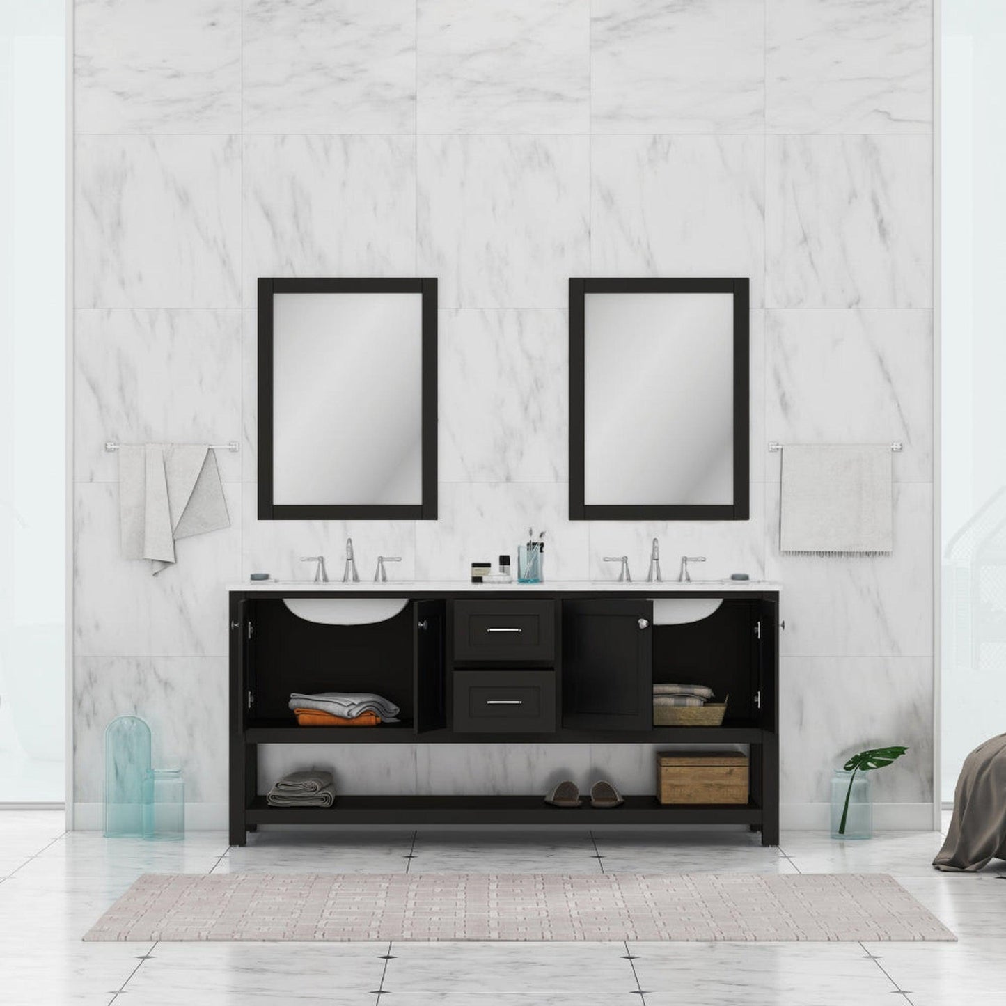 Alya Bath Wilmington 72" Double Espresso Freestanding  Bathroom Vanity With Carrara Marble Top, Ceramic Sink and Wall Mounted Mirror - HE-102-72D-E-CWMT+ 2x HE-101/102-30-E-M - Backyard Provider