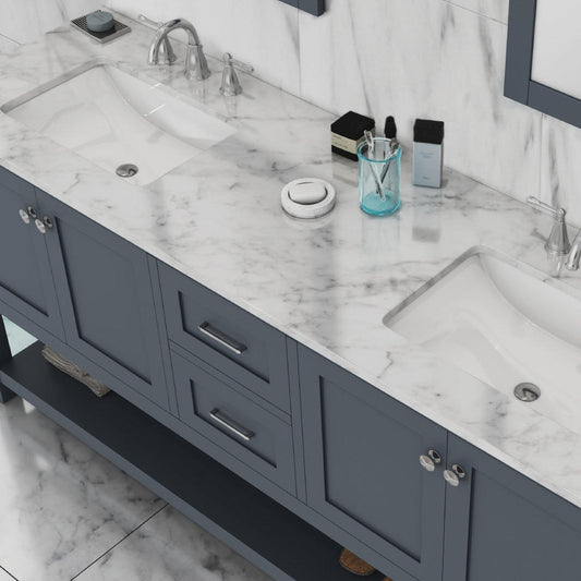 Alya Bath Wilmington 72" Double Gray Freestanding  Bathroom Vanity With Carrara Marble Top, Ceramic Sink and Wall Mounted Mirror - HE-102-72D-G-CWMT+2x HE-101/102-30-G-M - Backyard Provider