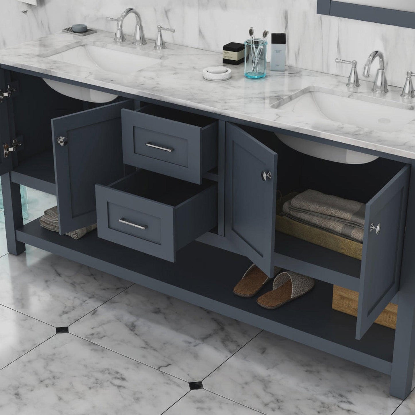 Alya Bath Wilmington 72" Double Gray Freestanding  Bathroom Vanity With Carrara Marble Top, Ceramic Sink and Wall Mounted Mirror - HE-102-72D-G-CWMT+2x HE-101/102-30-G-M - Backyard Provider