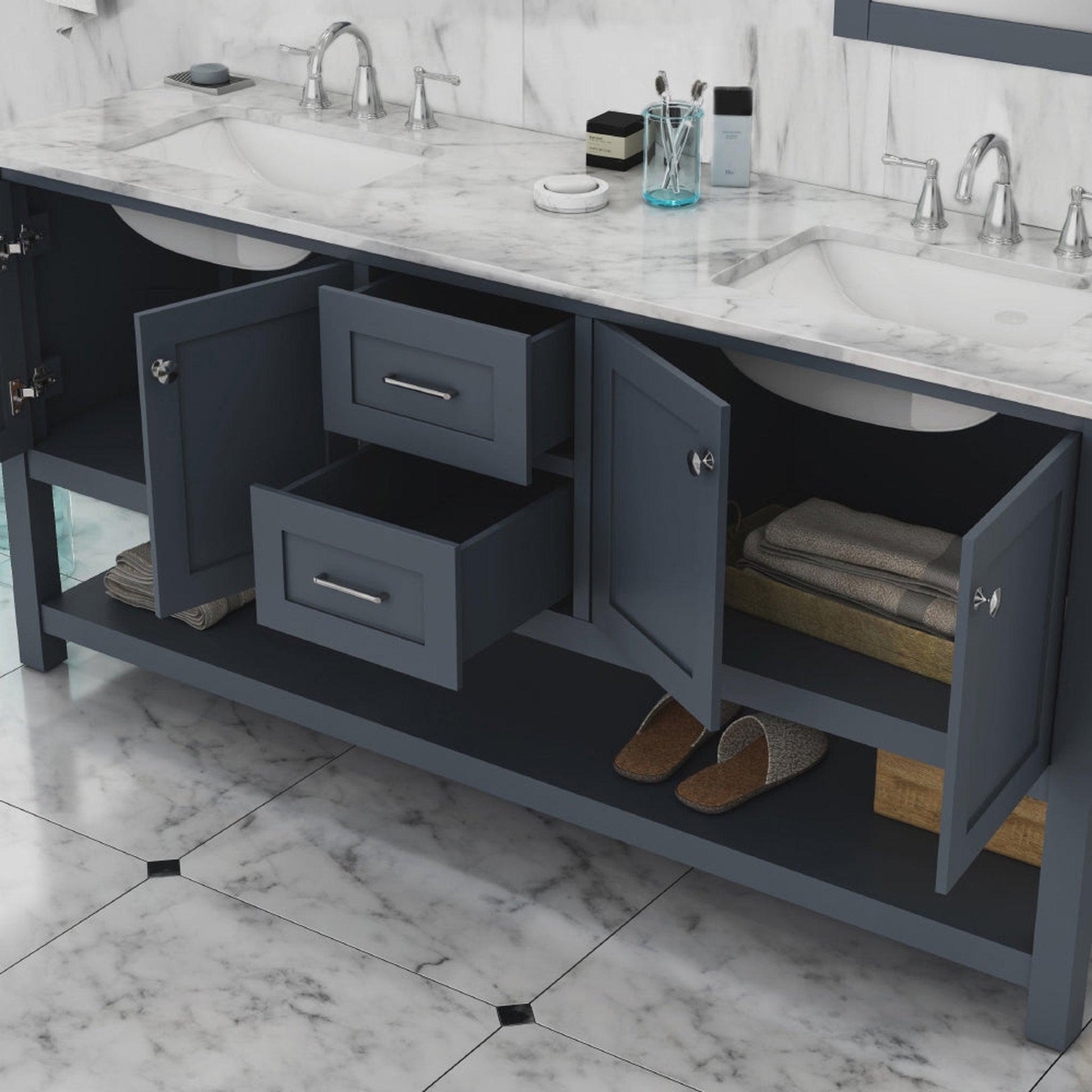 Alya Bath Wilmington 72" Double Gray Freestanding  Bathroom Vanity With Carrara Marble Top, Ceramic Sink and Wall Mounted Mirror - HE-102-72D-G-CWMT+2x HE-101/102-30-G-M - Backyard Provider
