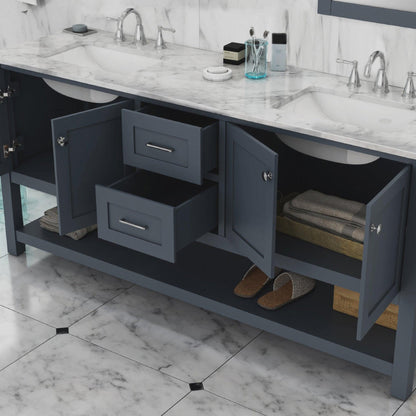 Alya Bath Wilmington 72" Double Gray Freestanding  Bathroom Vanity With Carrara Marble Top, Ceramic Sink and Wall Mounted Mirror - HE-102-72D-G-CWMT+2x HE-101/102-30-G-M - Backyard Provider